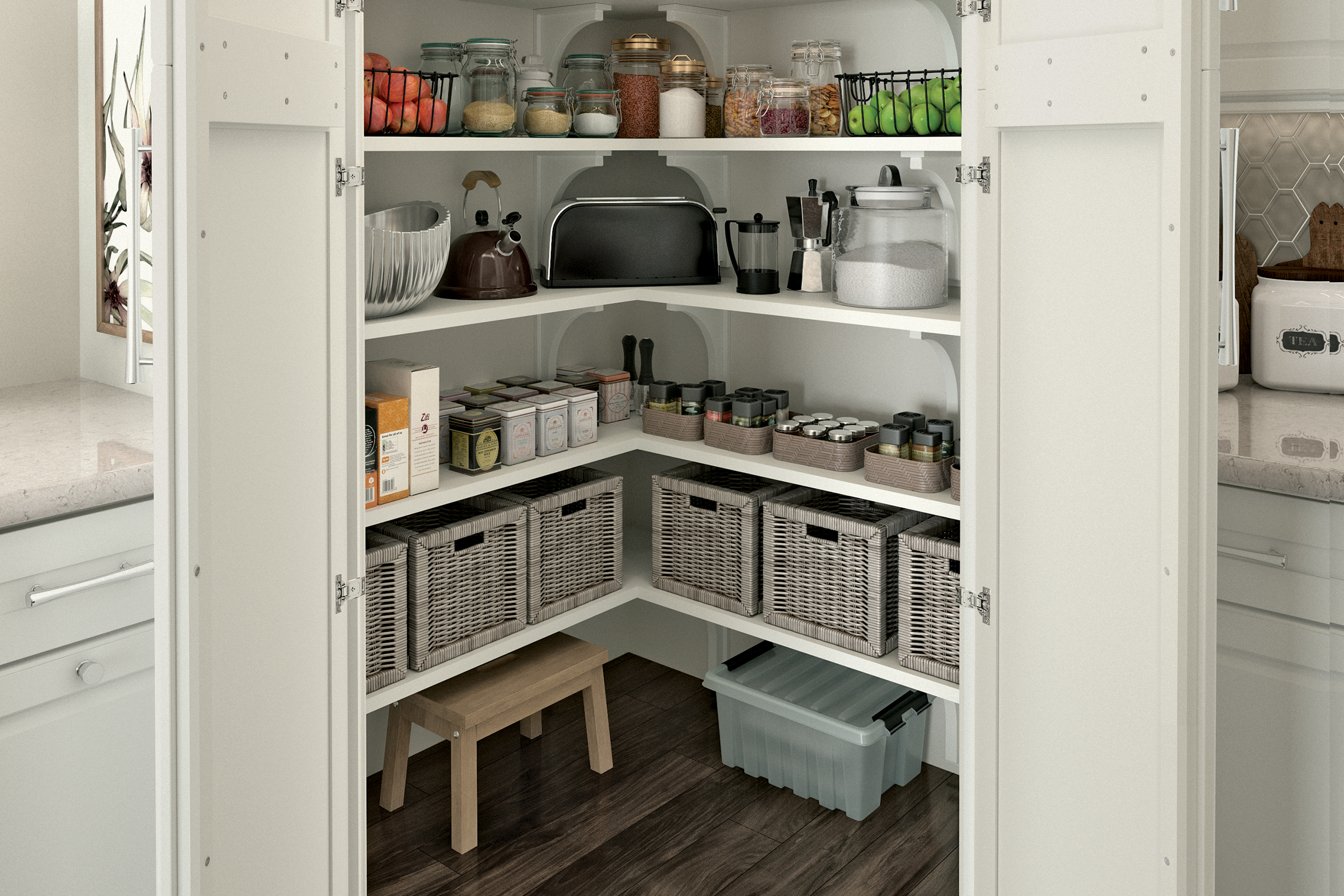 KraftMaid Dove White cabinet doors opened to reveal walk-in pantry storage in the corner of a kitchen