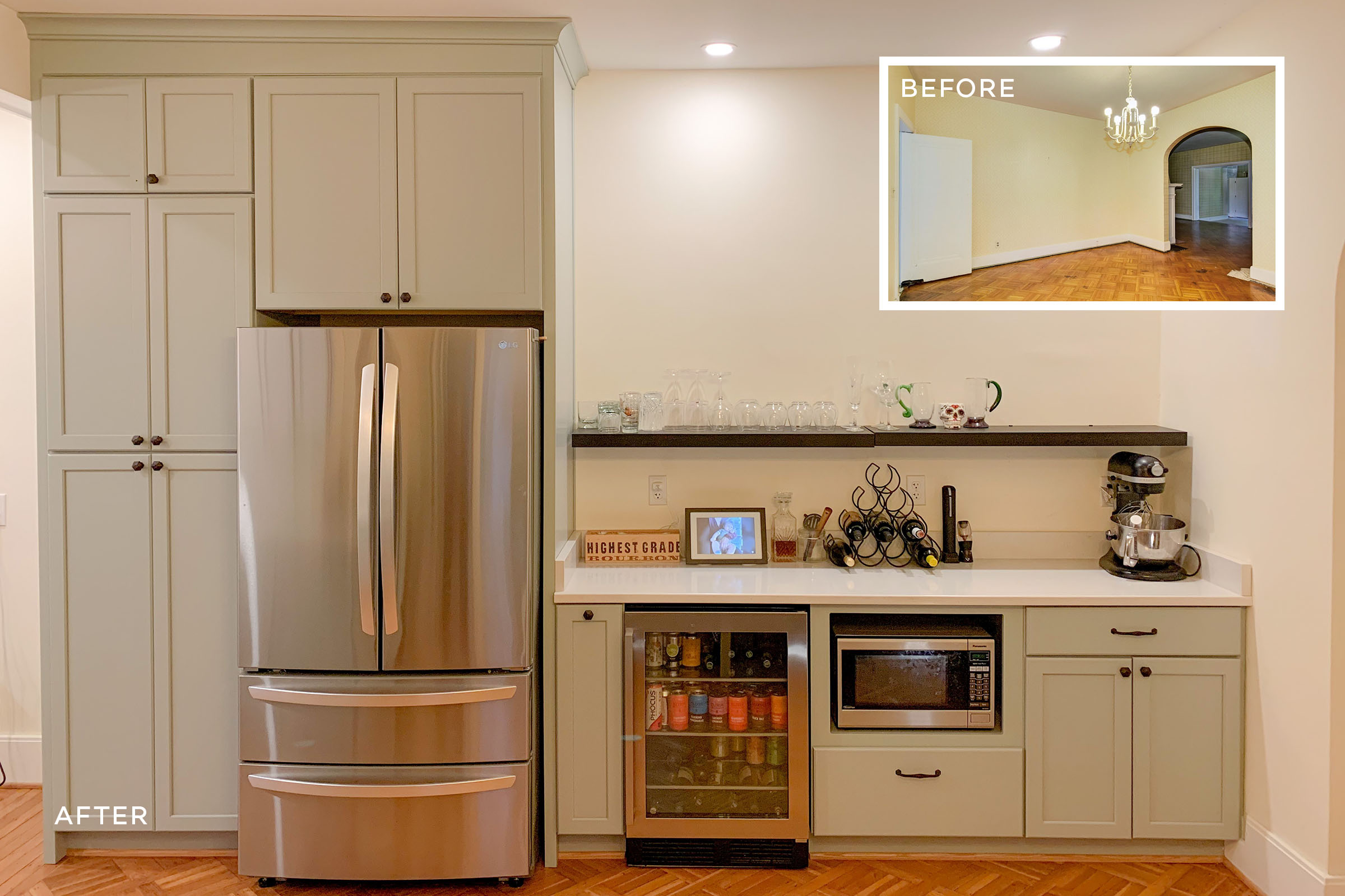 KraftMaid kitchen renovation and expansion featuring pantry storage and a beverage center.