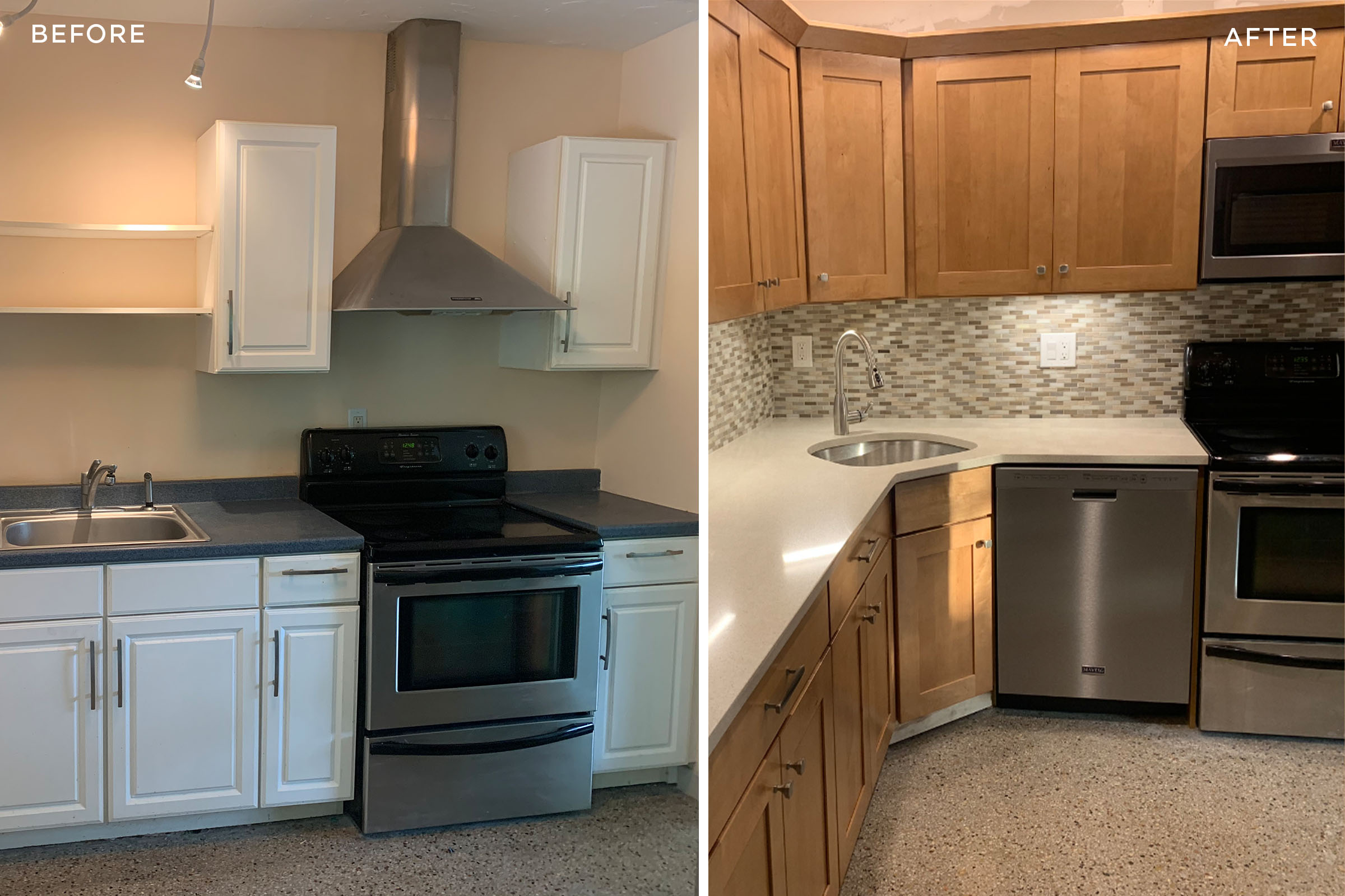 Before and after contemporary kitchen remodel featuring stained Maple cabinets and angle crown molding from KraftMaid 