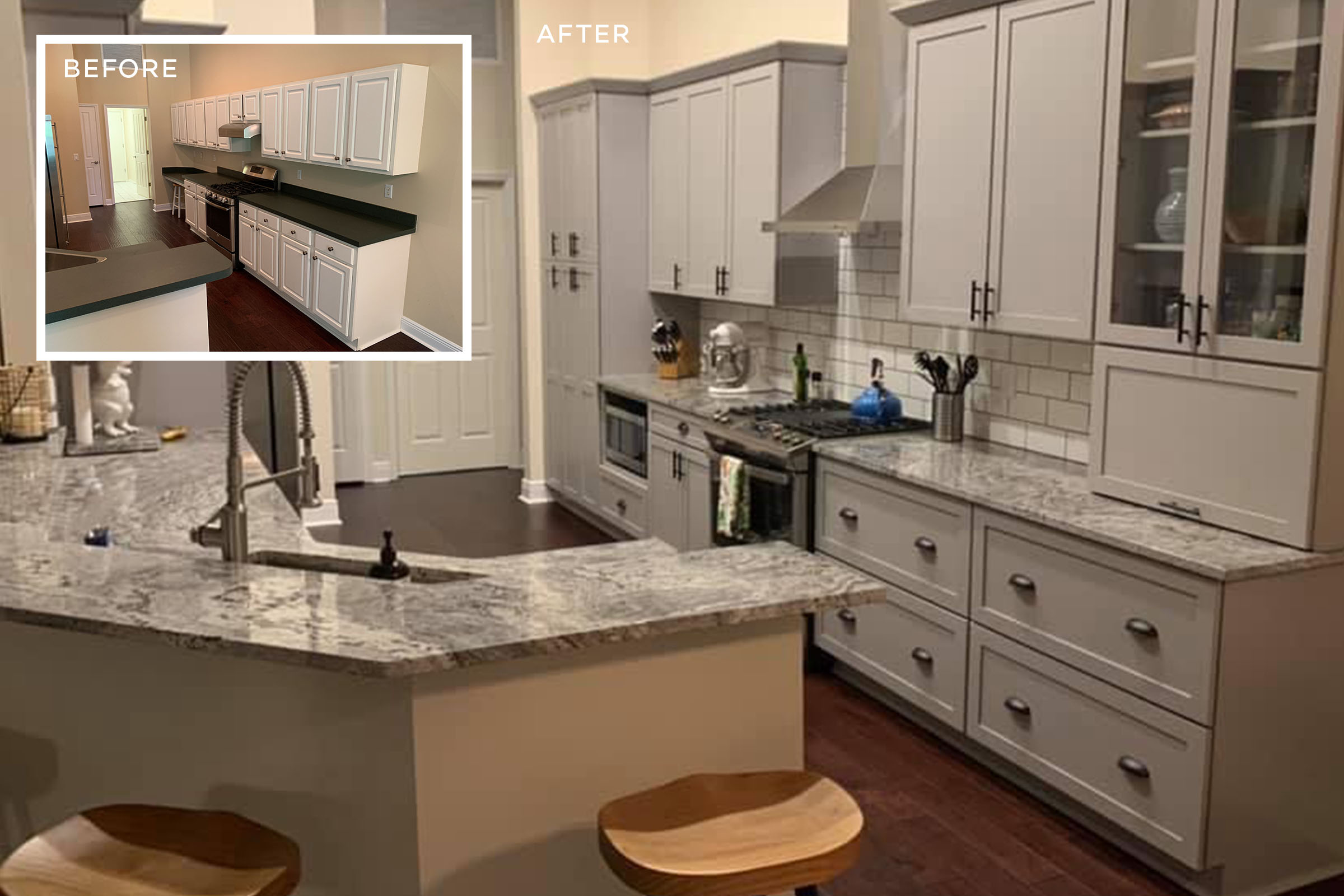Kitchen remodel showing white builder-grade cabinets and laminate countertops upgraded to gray KraftMaid cabinets and natural stone countertops