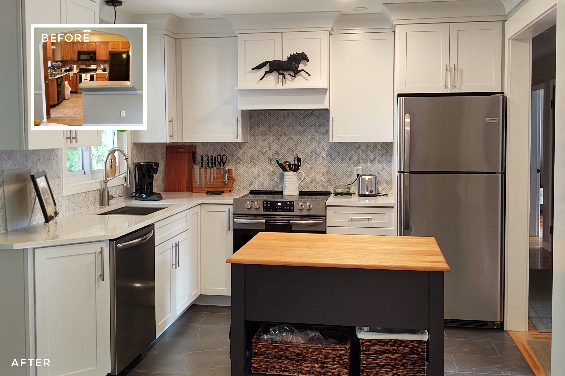 Before and after view of an L-shaped kitchen with white Shaker-style KraftMaid cabinets