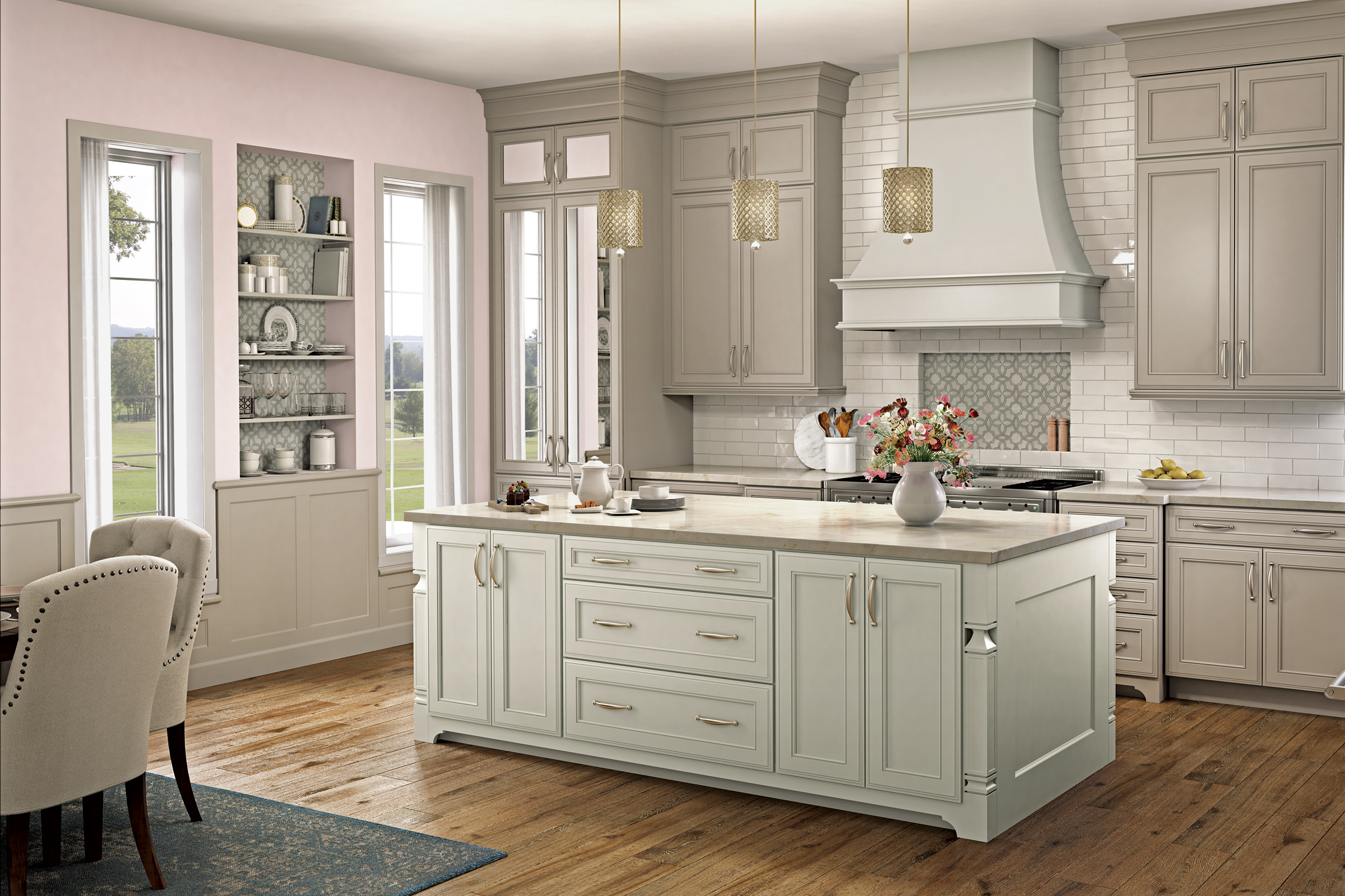 Warm neutral transitional kitchen with KraftMaid cabinets painted in shades of warm grey