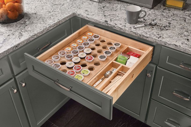 Kitchen coffee station featuring KraftMaid drawer organizer for K-Cup coffee pods