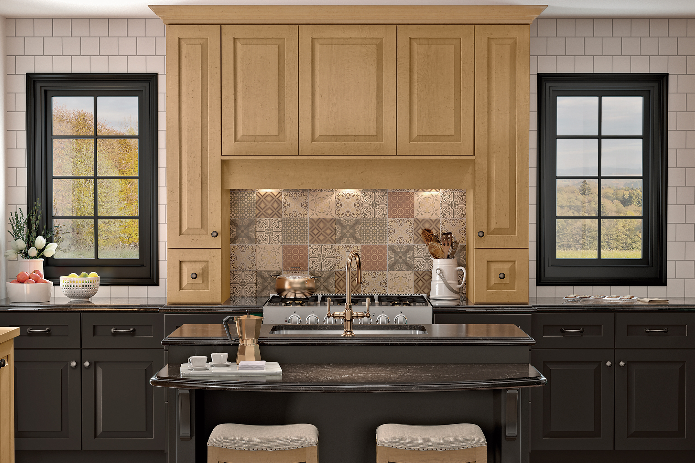 Two-tone KraftMaid kitchen with traditional-style raised panel wood Barley stain cabinets surrounding range
