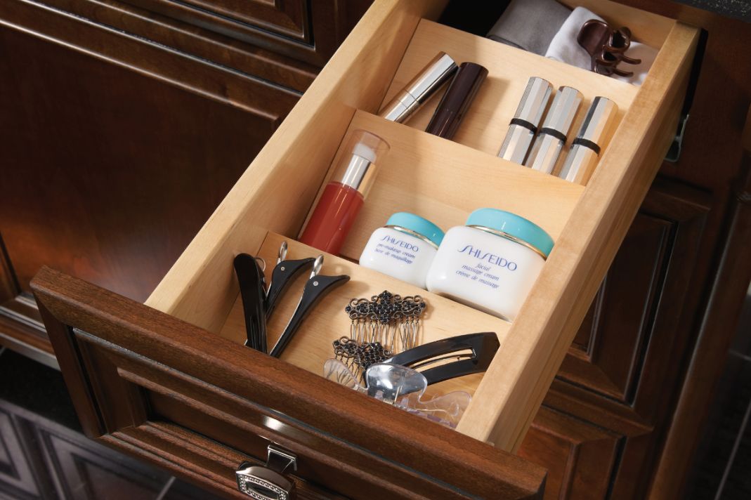 KraftMaid single-drawer bathroom makeup vanity storage cabinet with angled drawer organizer