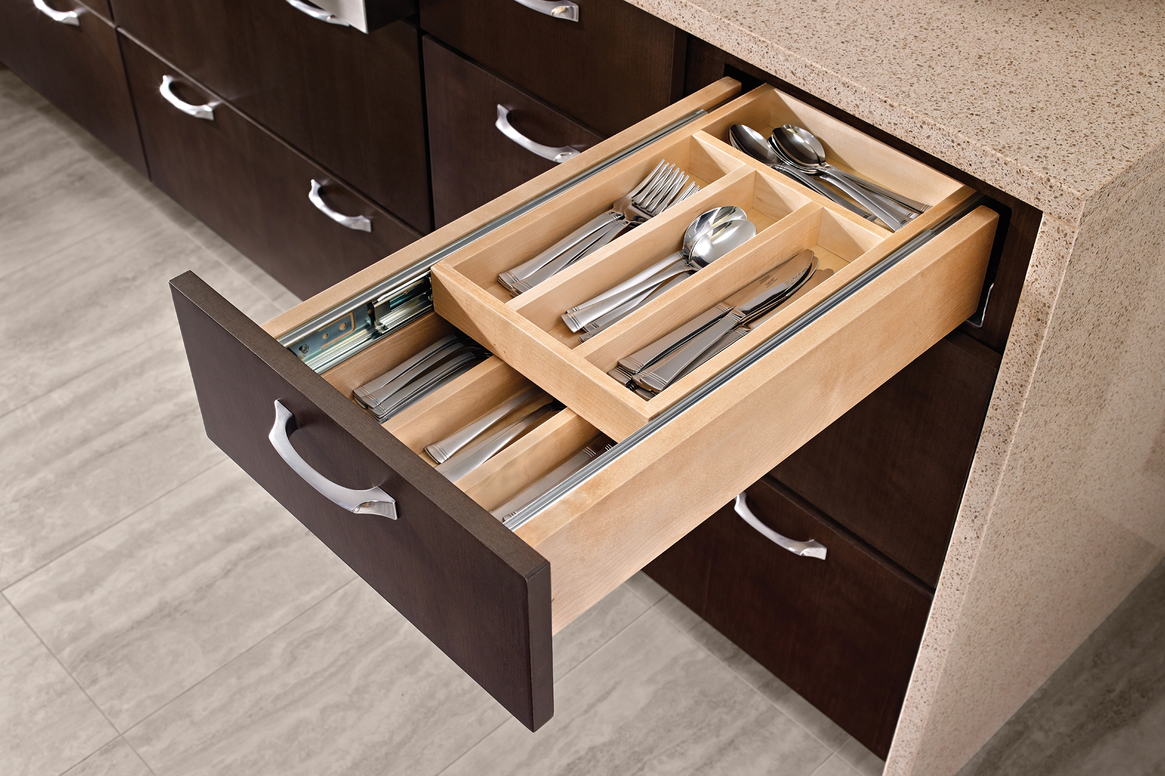 KraftMaid flatware storage two tier kitchen drawer organizer with upper sliding tray for two levels of storage