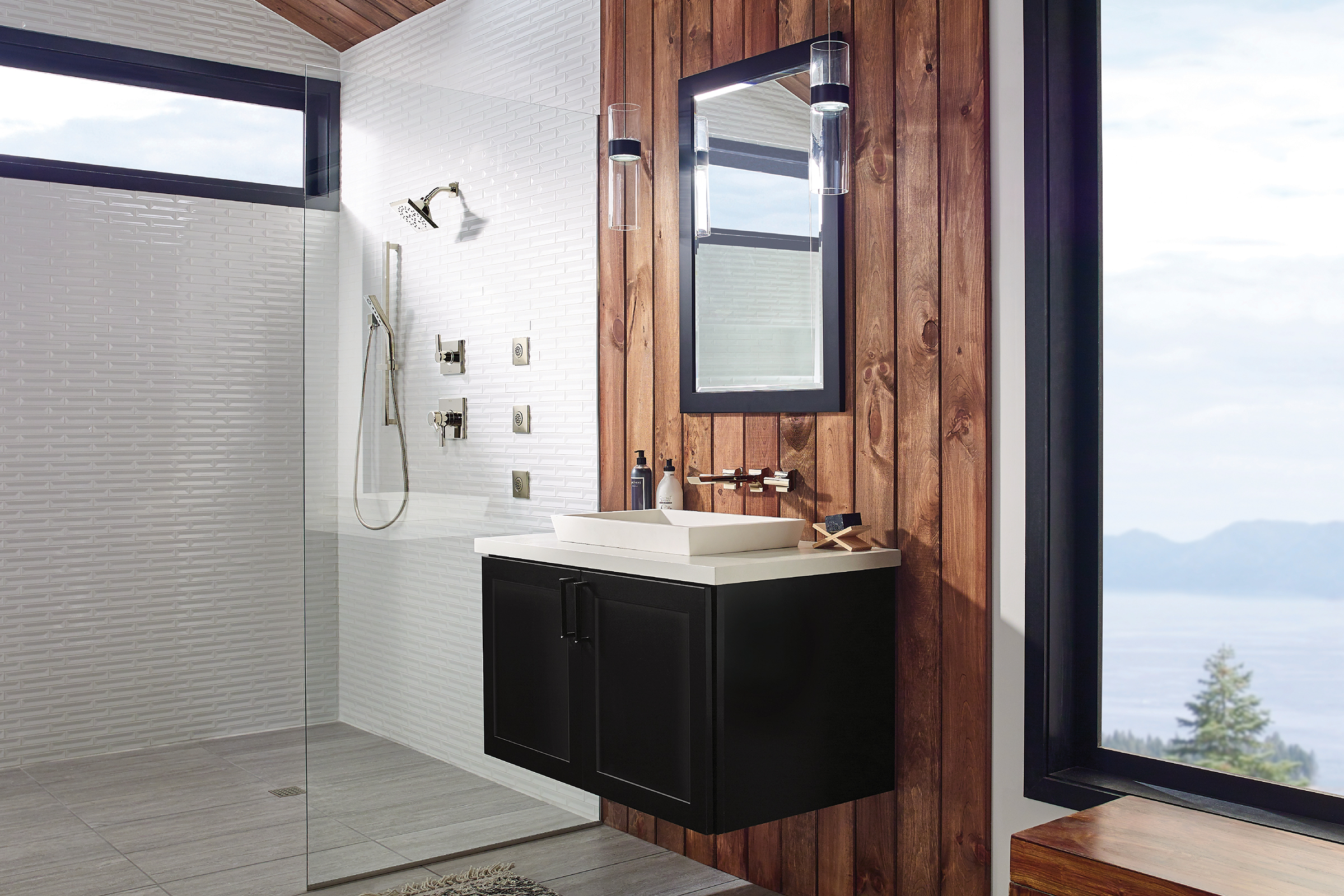 Contemporary bathroom with walk-in shower and KraftMaid floating vanity cabinets in Onyx painted finish