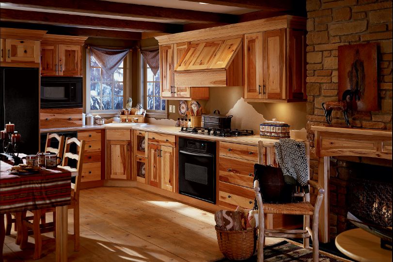 KraftMaid cabin-look rustic kitchen cabinets stains.