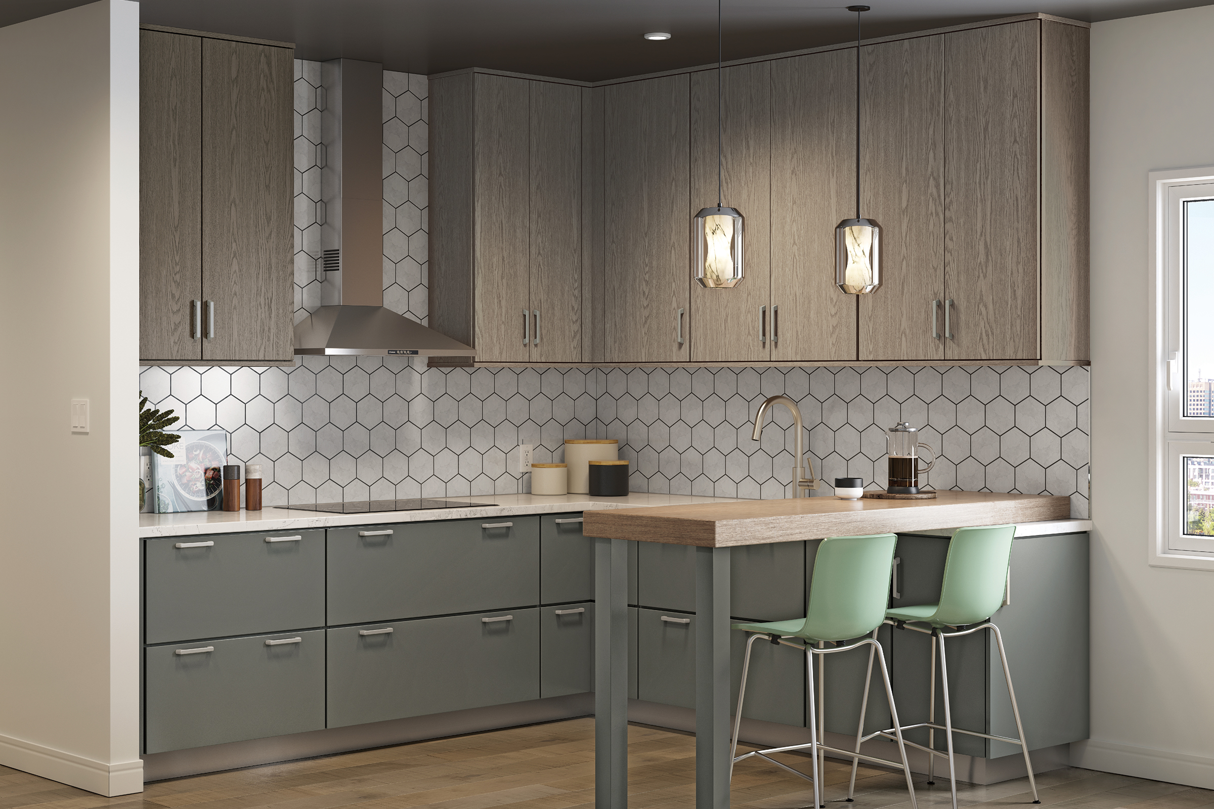 Modern loft-style design with KraftMaid modern slab kitchen cabinet doors finished in Translucent Monument Grey and Greyloft paint