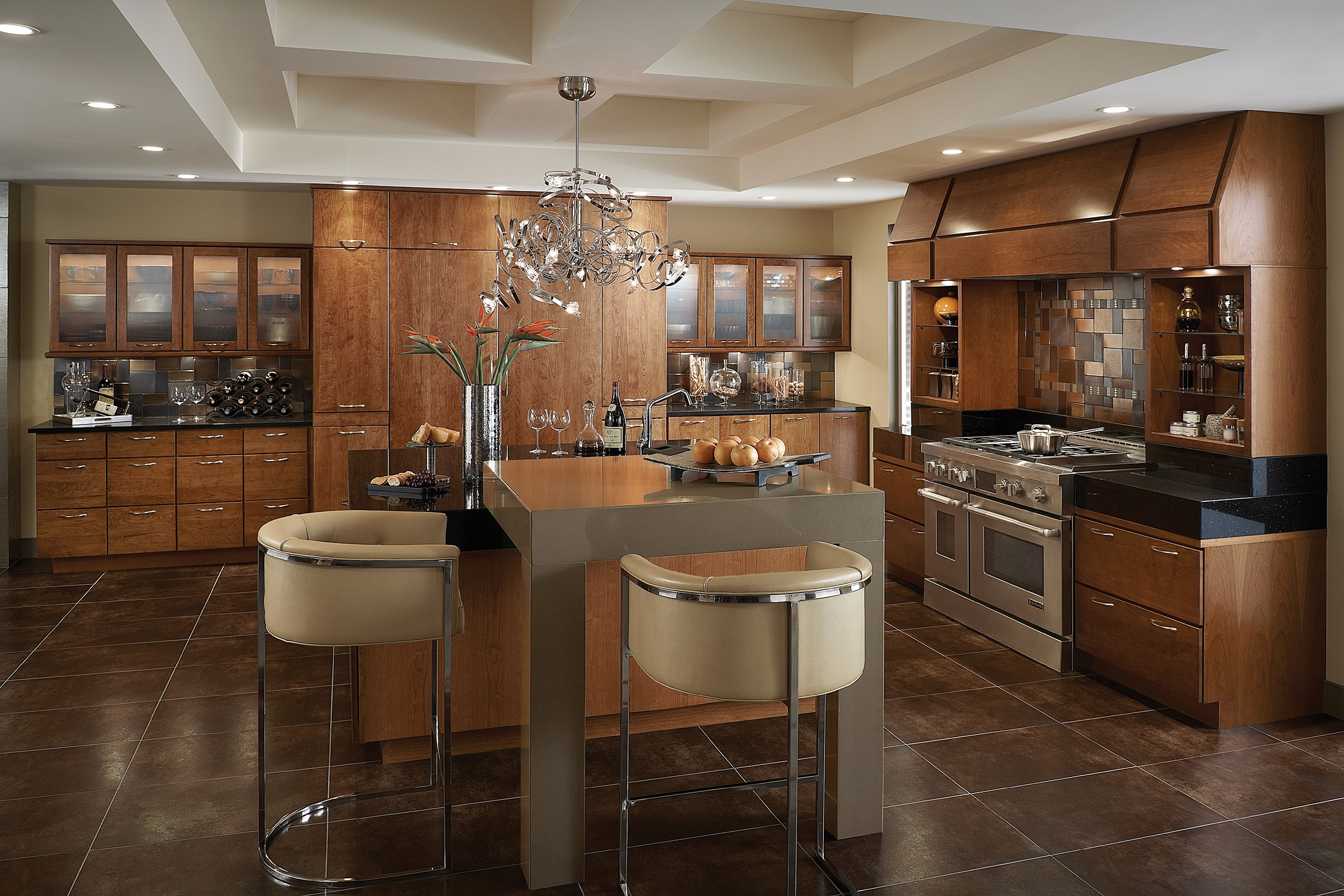 Midcentury Modern design with KraftMaid Cherry wood kitchen cabinets finished in mid-tone Sunset stain