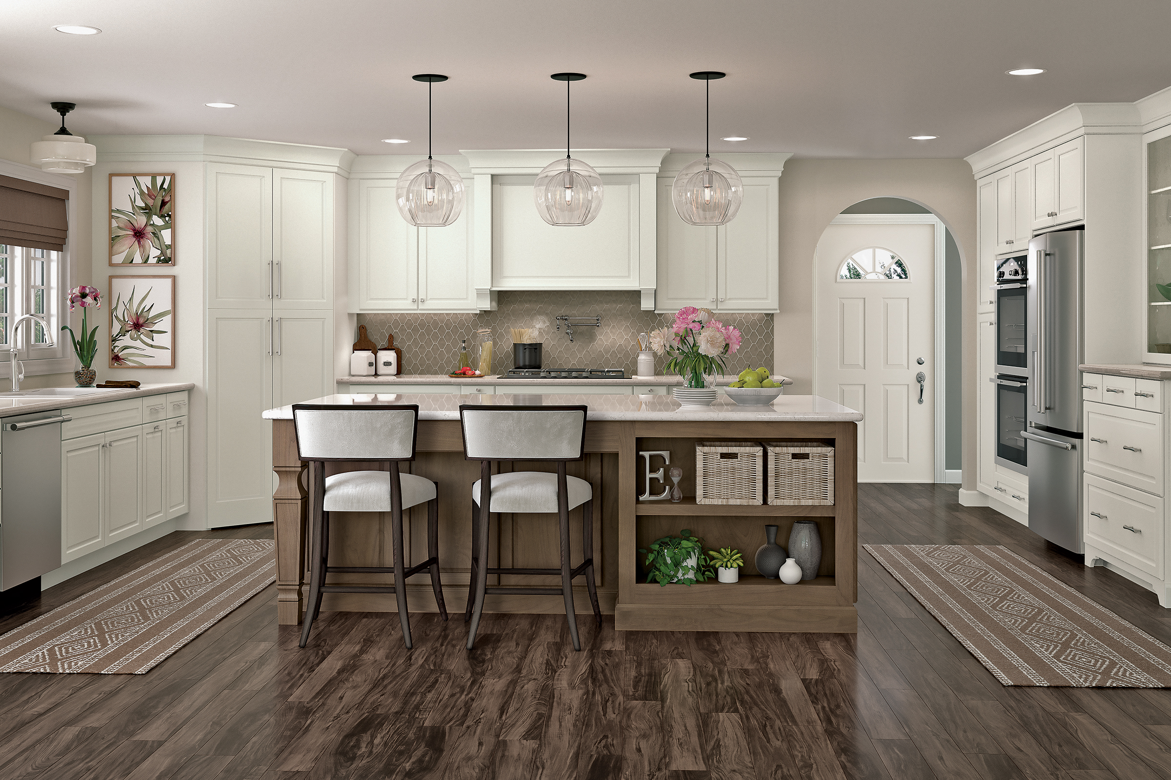 KraftMaid white kitchen cabinets with contrasting island.