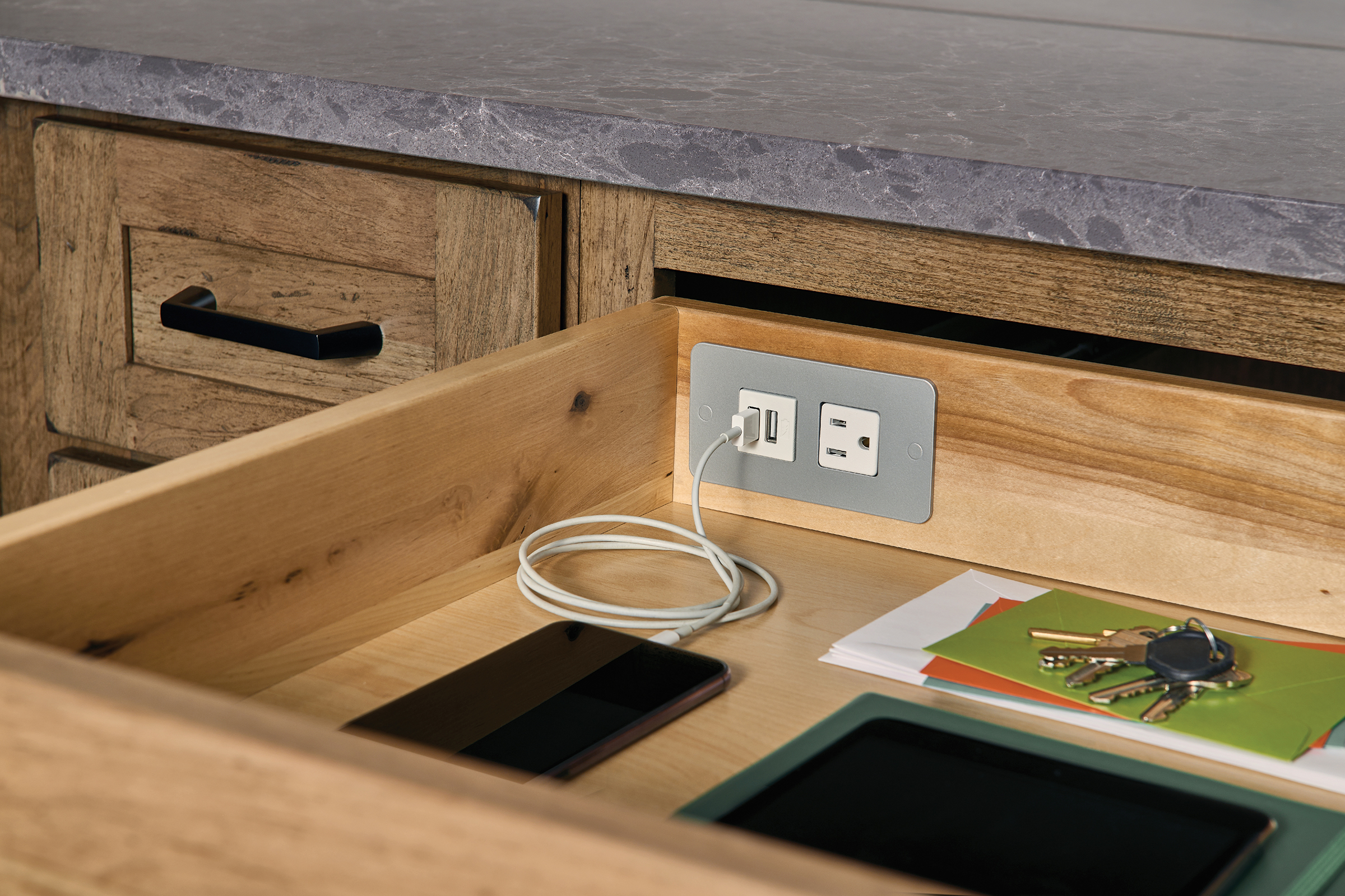 KraftMaid charging drawer in modern farmhouse kitchen