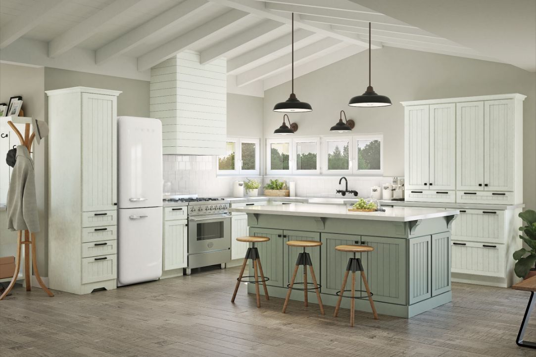 KraftMaid farmhouse fresh, rustic, white kitchen cabinets.