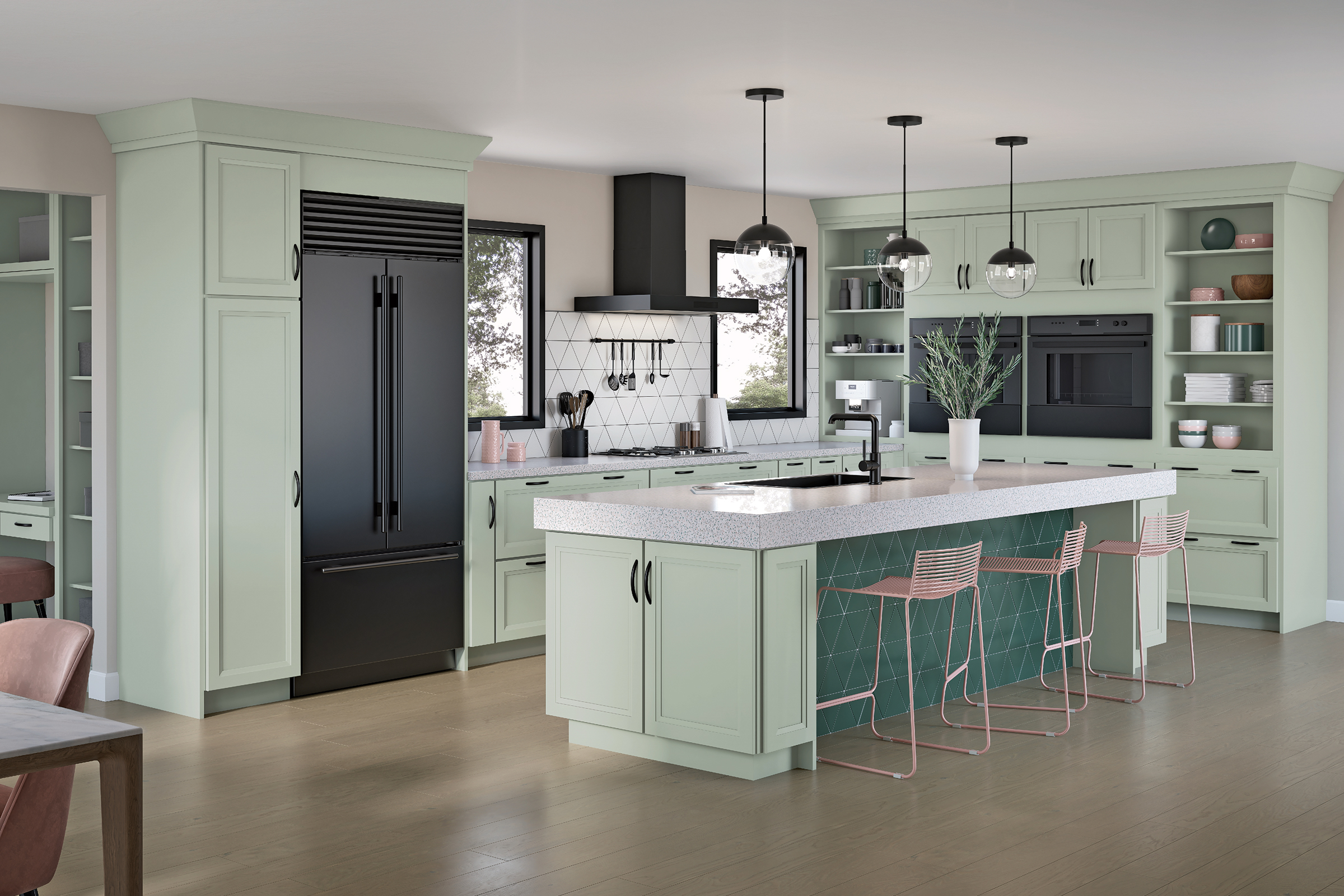 KraftMaid Contemporary kitchen cabinets in light green Serenity paint