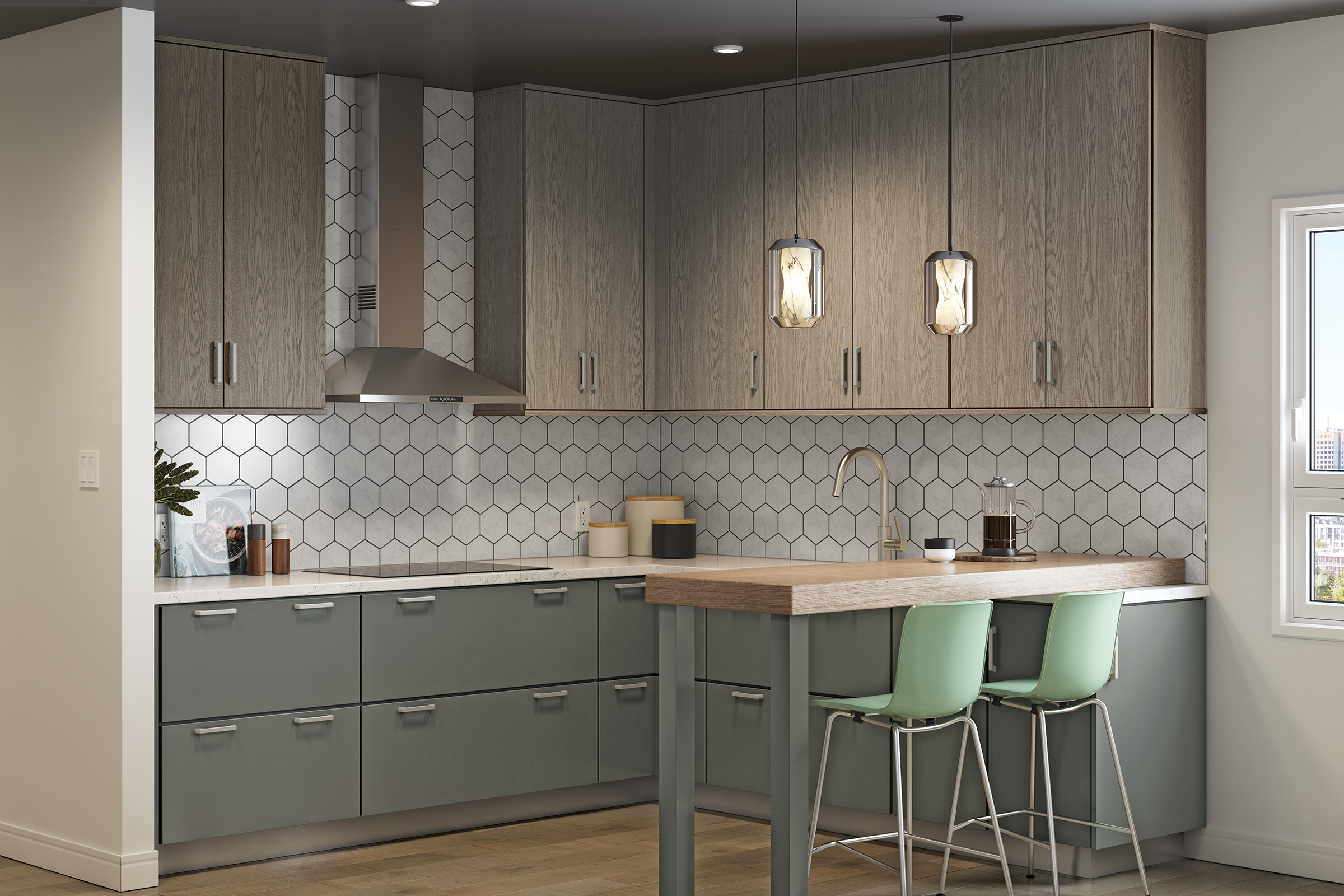 Green kitchen accent stools contrast grey cabinets