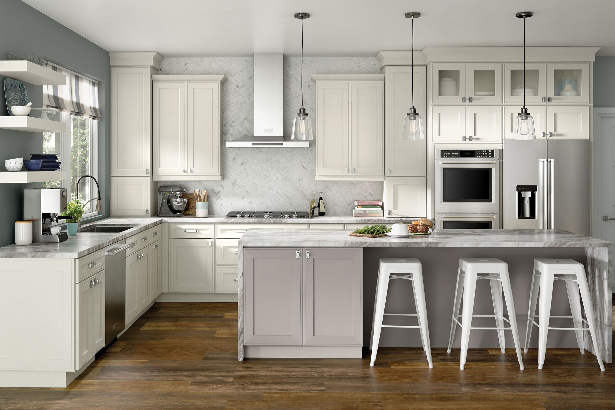 gray and white kitchen pendant light