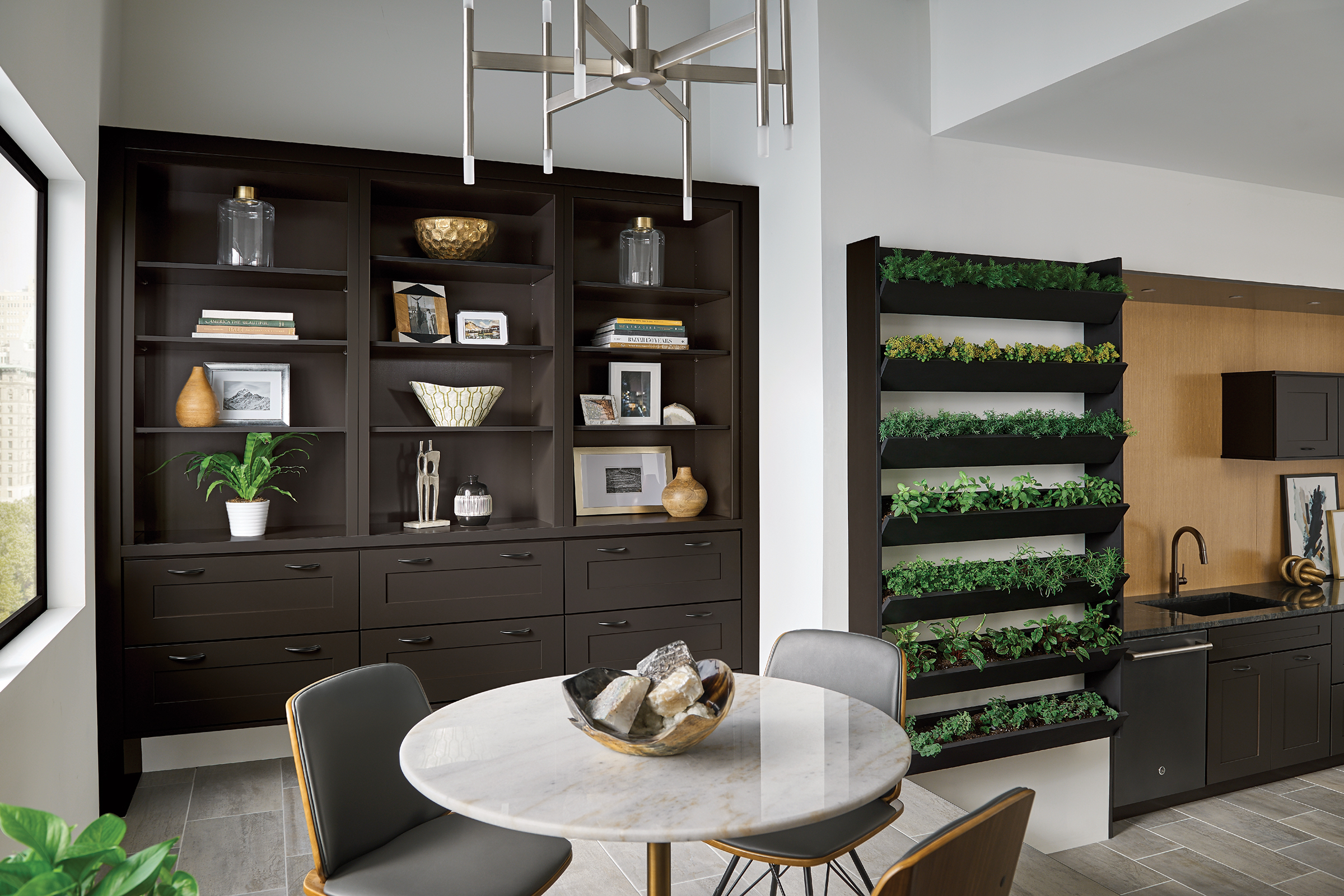 KraftMaid Modern Open Kitchen Concept with Wooden Shelving