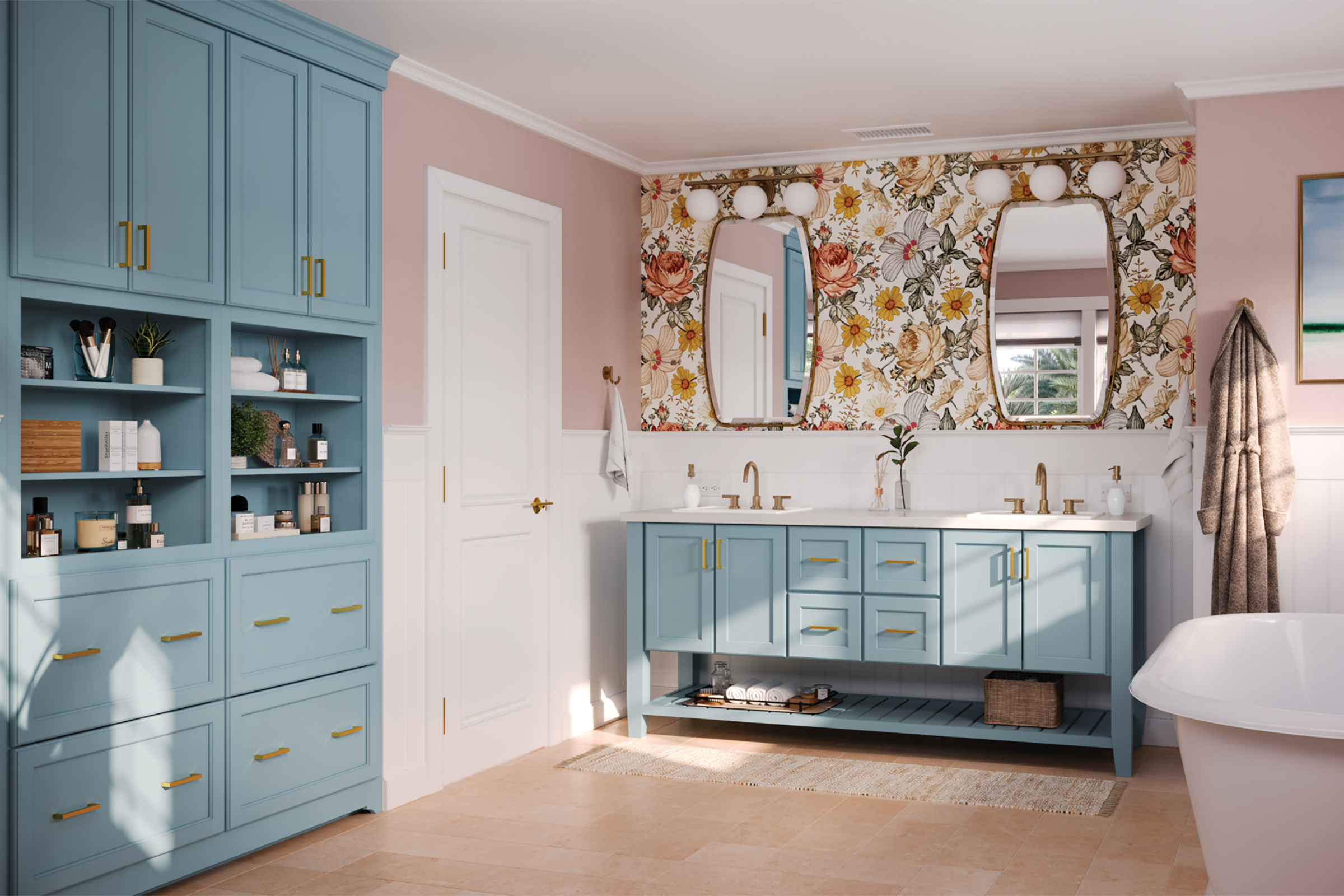 Colorful cottagecore bathroom with botanical wallpaper, pink wall accents, and KraftMaid cabinetry in Caribbean blue paint