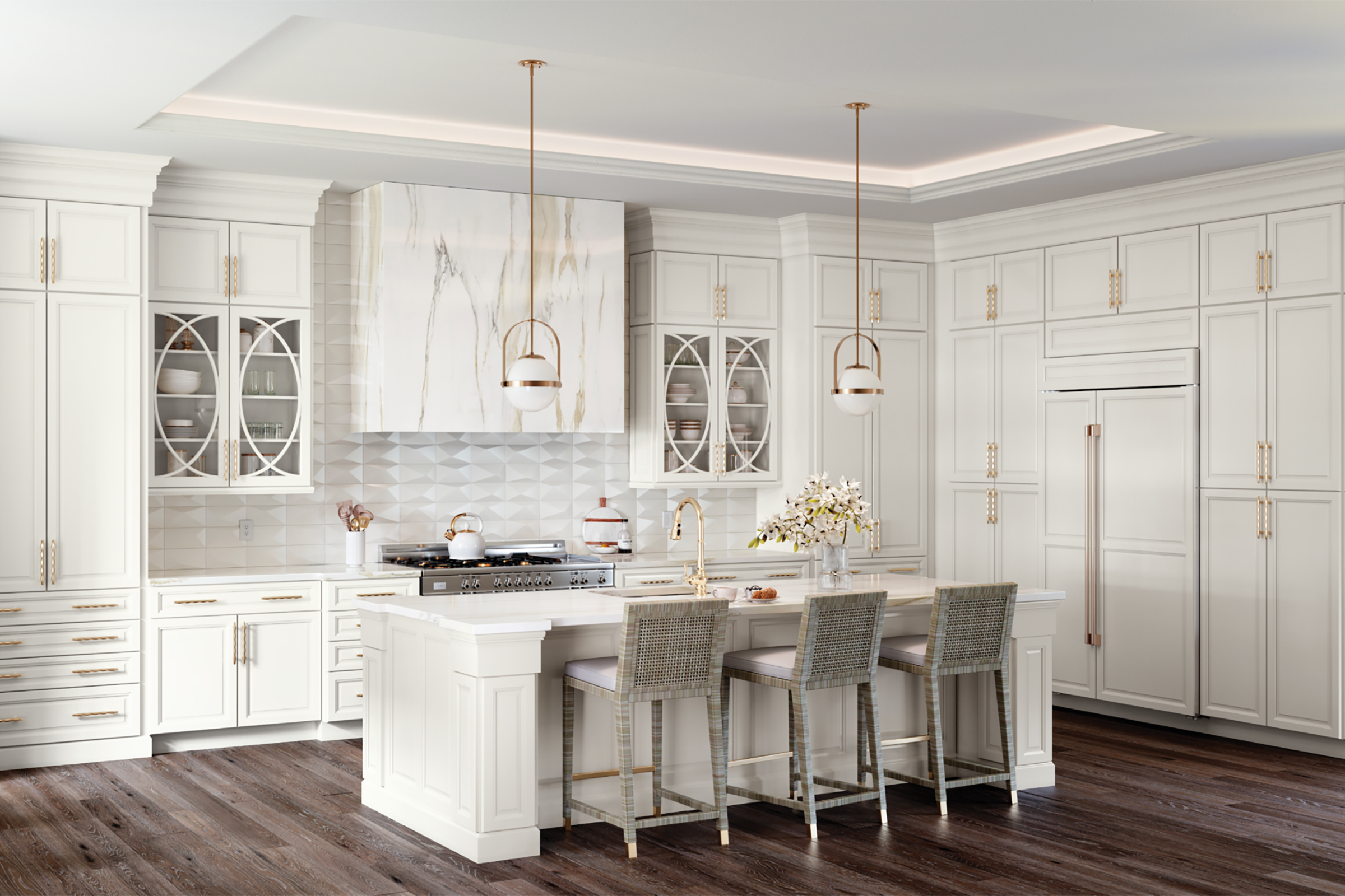 Glam kitchen design featuring KraftMaid raised-panel cabinet doors in Frost white paint, dark Oak hardwood floors, and gold accents