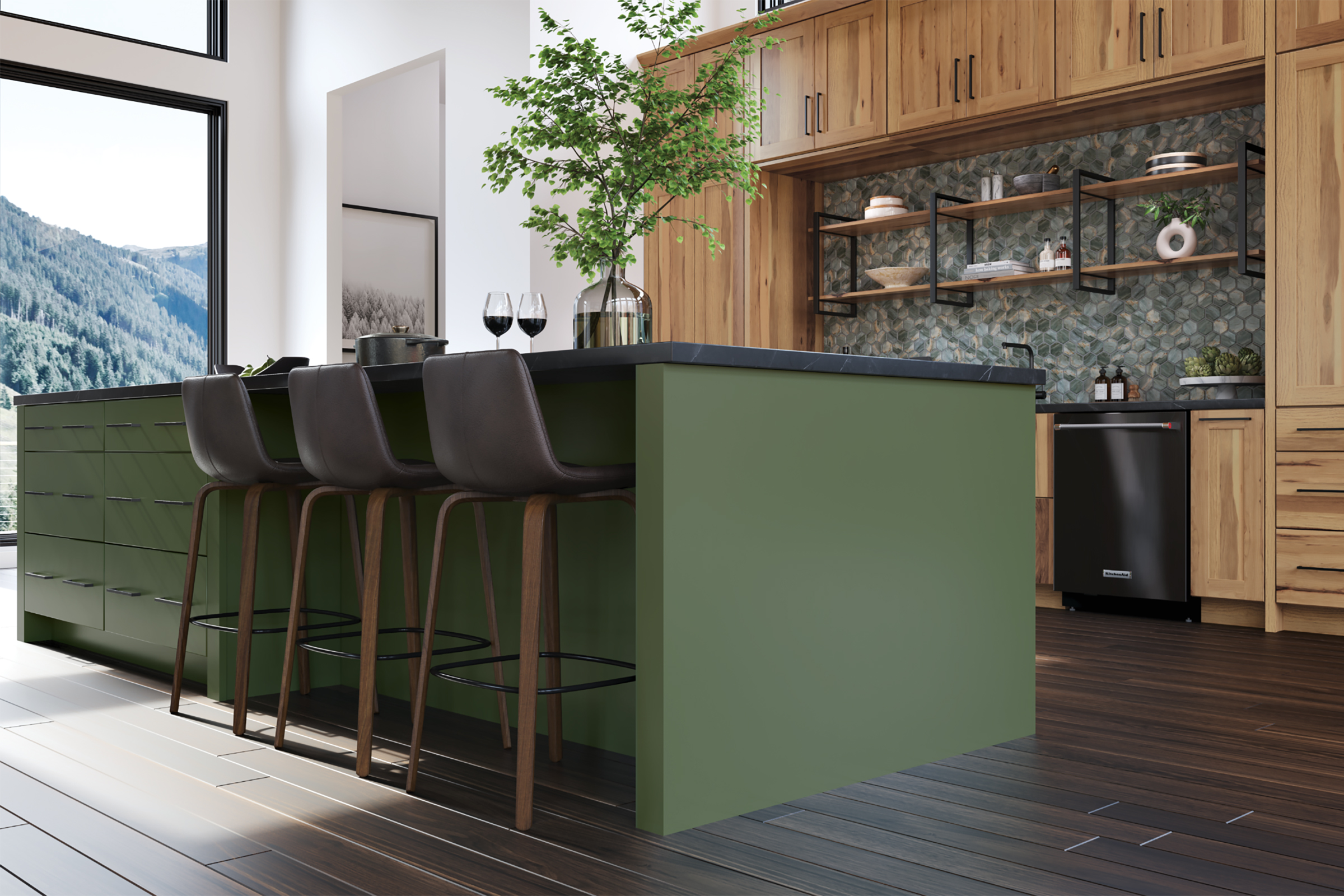 KraftMaid Evergreen dark green kitchen island with hickory woodgrain cabinets