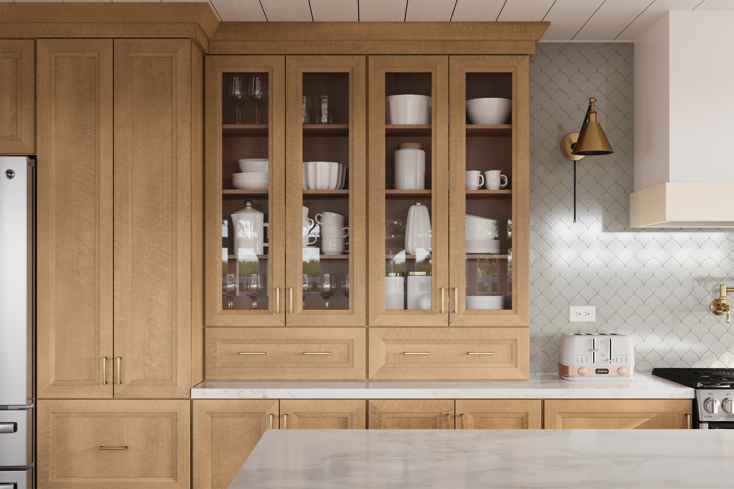 KraftMaid Quartersawn Oak cabinets with glass doors displaying white dishware in a cottagecore-style kitchen