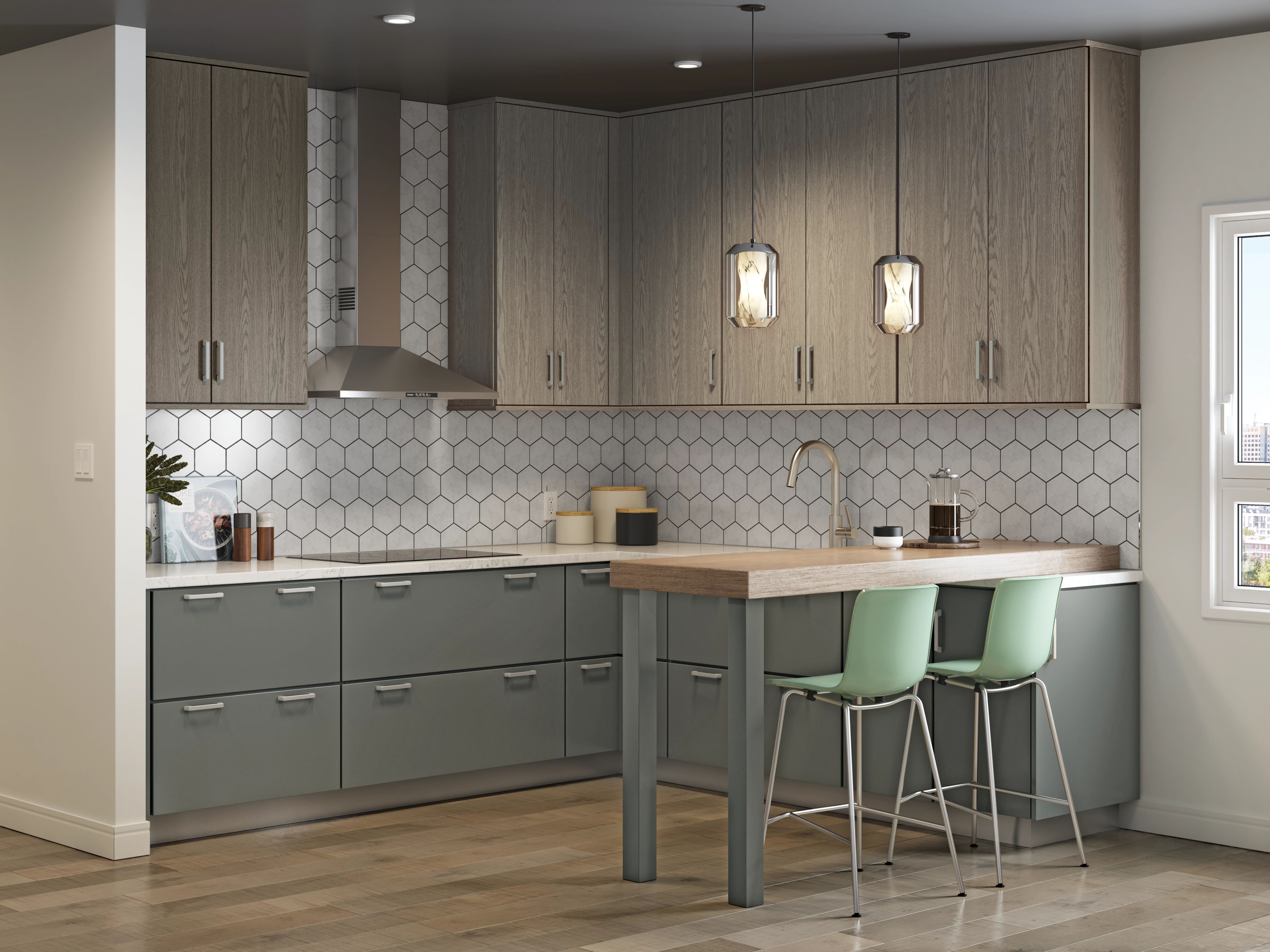 Modern KraftMaid kitchen with Greyloft slab doors and white octagonal backsplash tile 