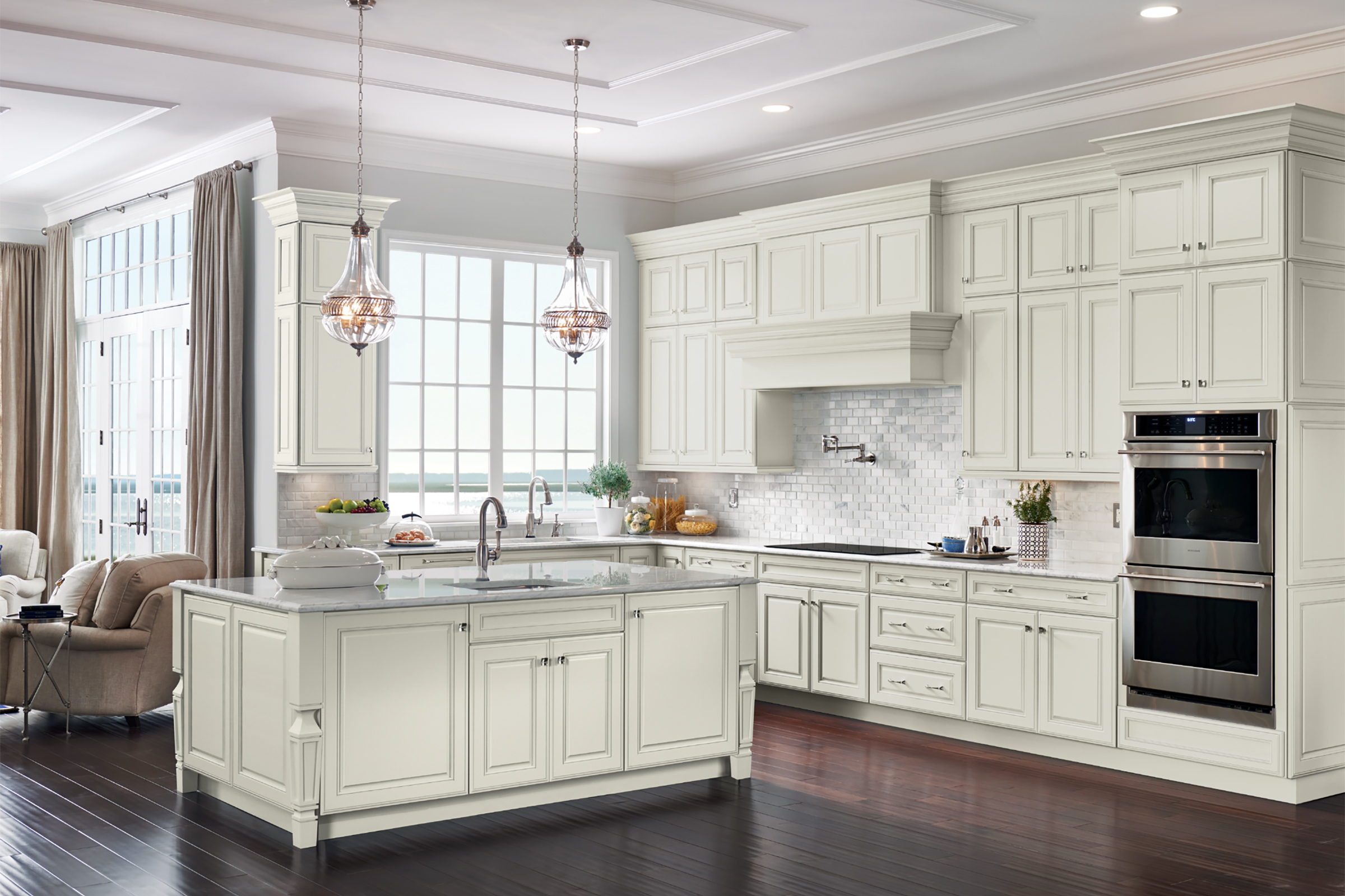 KraftMaid white Moonshine cabinets with center island 