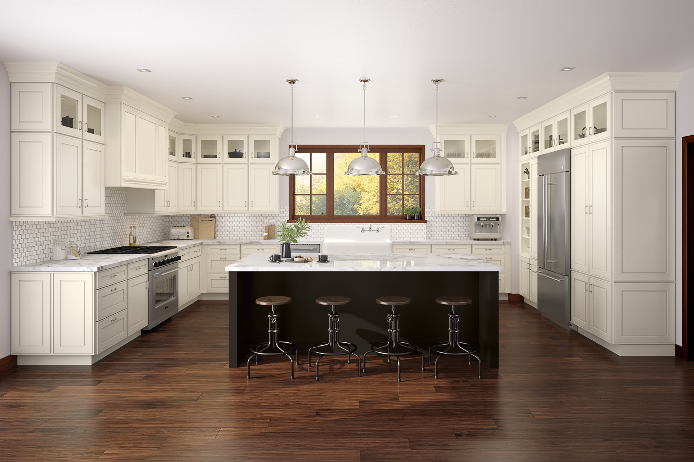 KraftMaid Warm White kitchen cabinets with center island