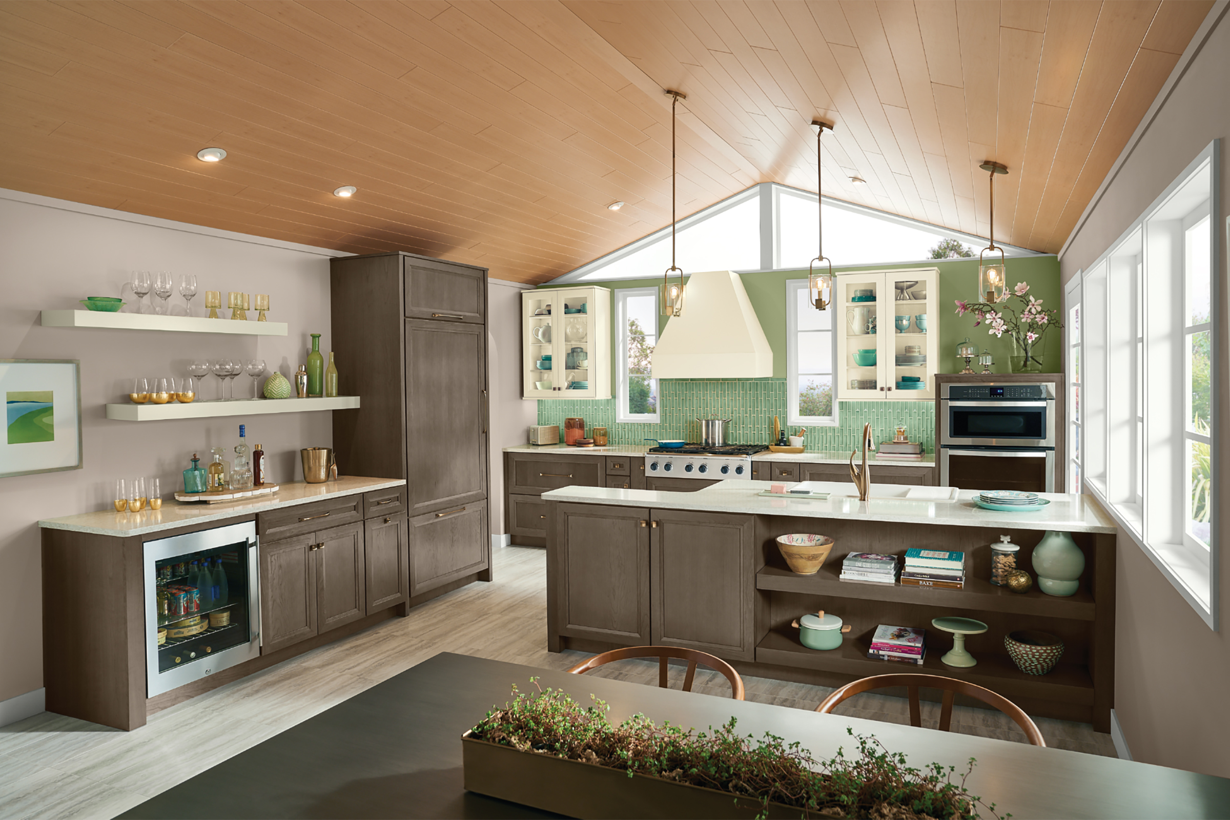 KraftMaid contemporary kitchen with sea green glass backsplash accent