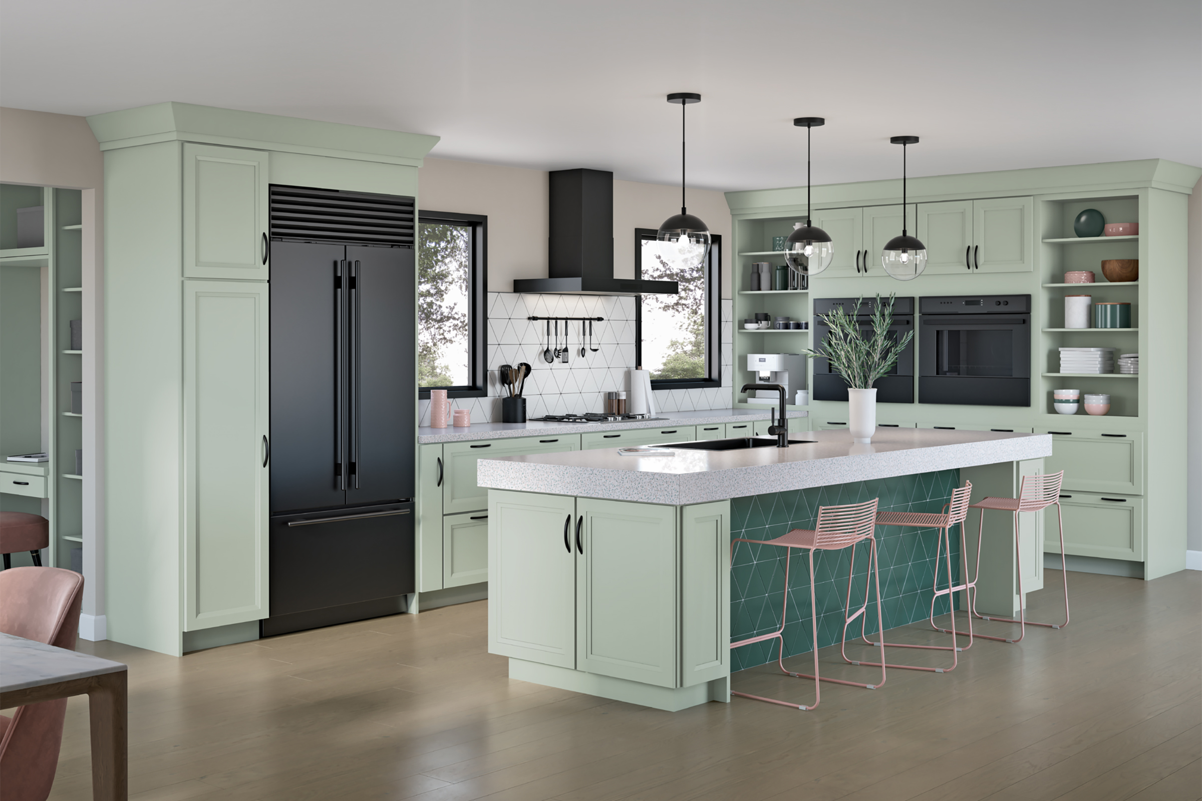 KraftMaid Serenity pastel mint green kitchen cabinets in a contemporary kitchen design