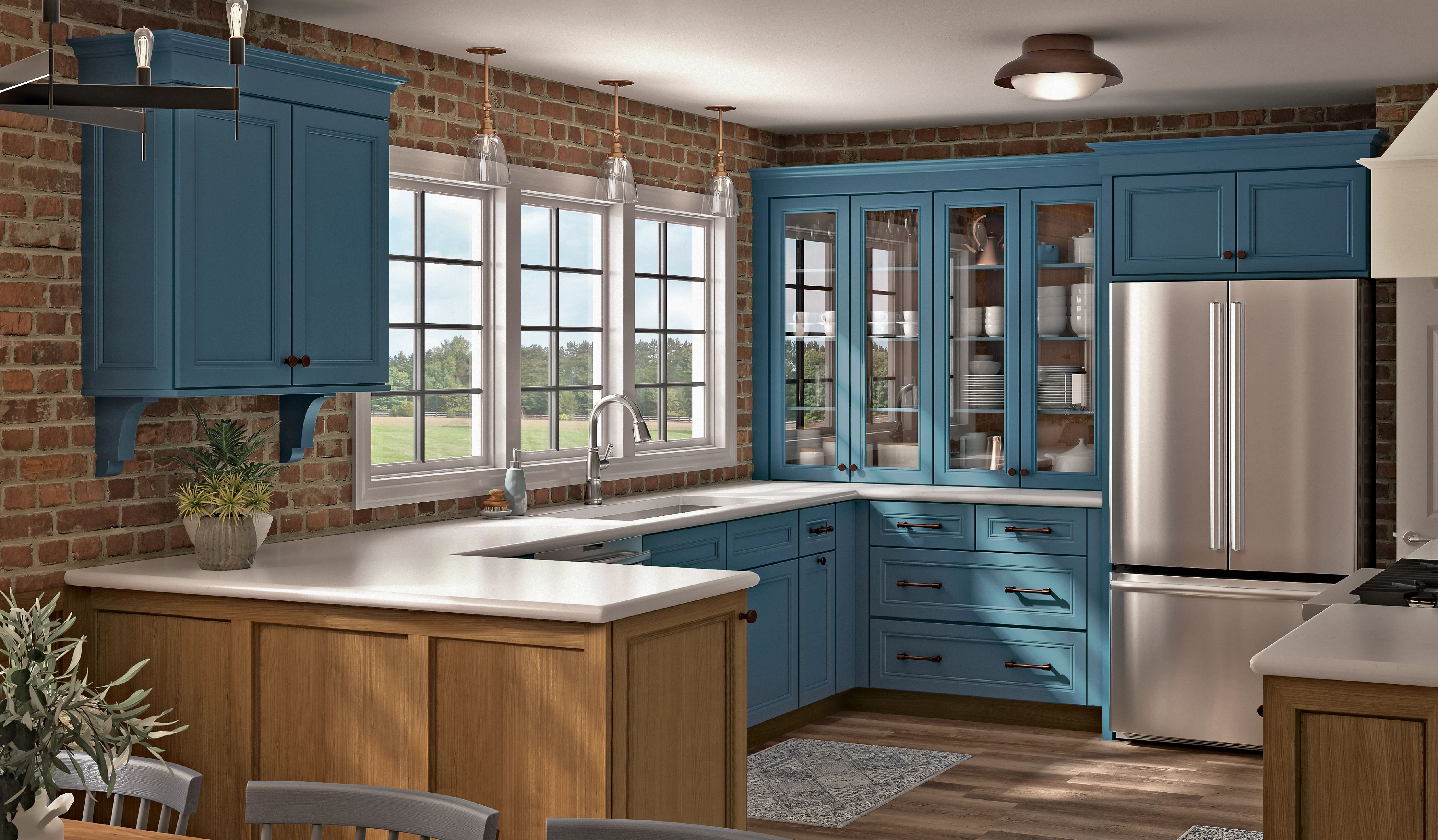 Transitional kitchen featuring blue KraftMaid cabinet color