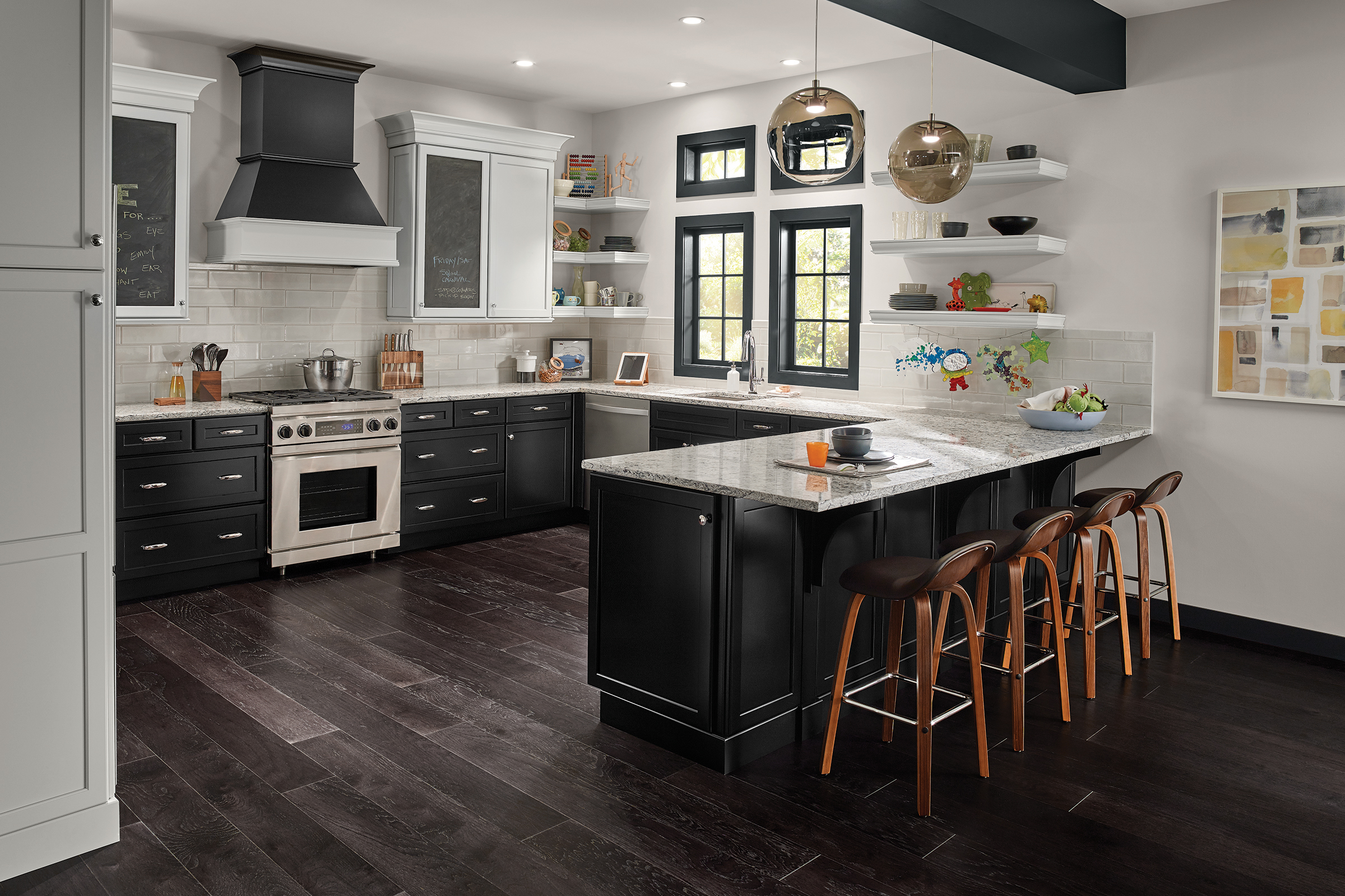 KraftMaid two-tone kitchen cabinets in black and white.