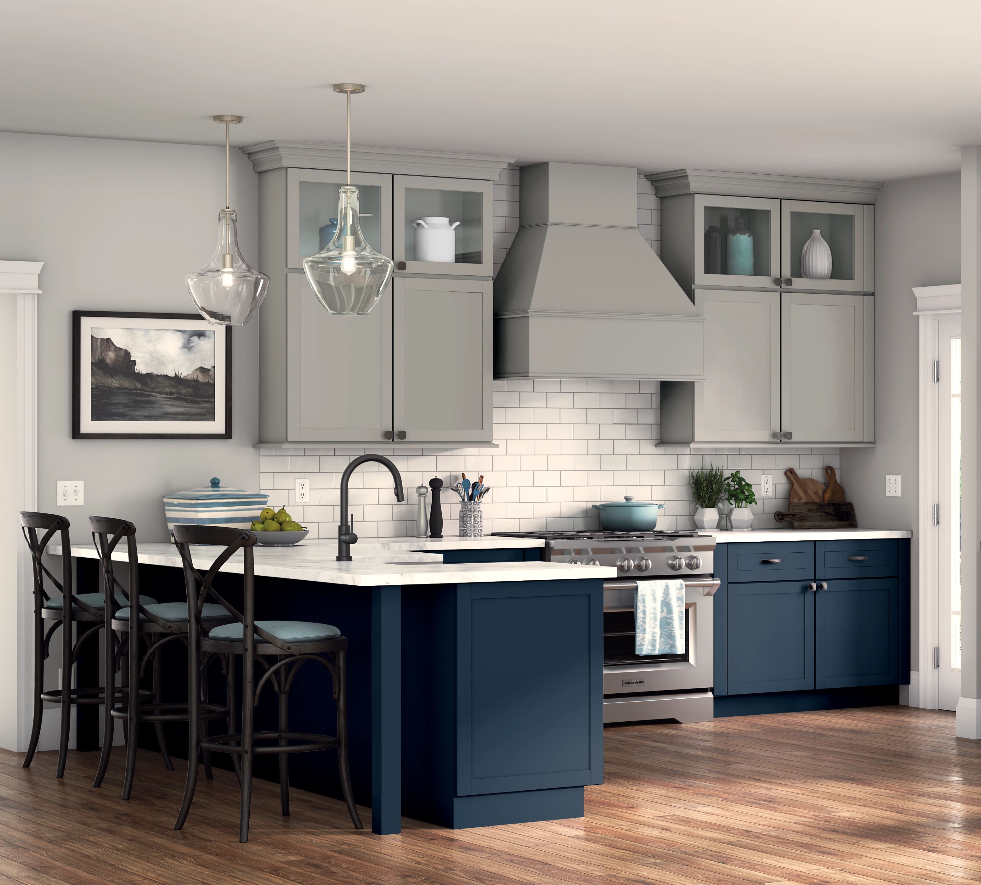 L-shaped KraftMaid kitchen with Shaker-style cabinets in light and dark two-toned painted finish 