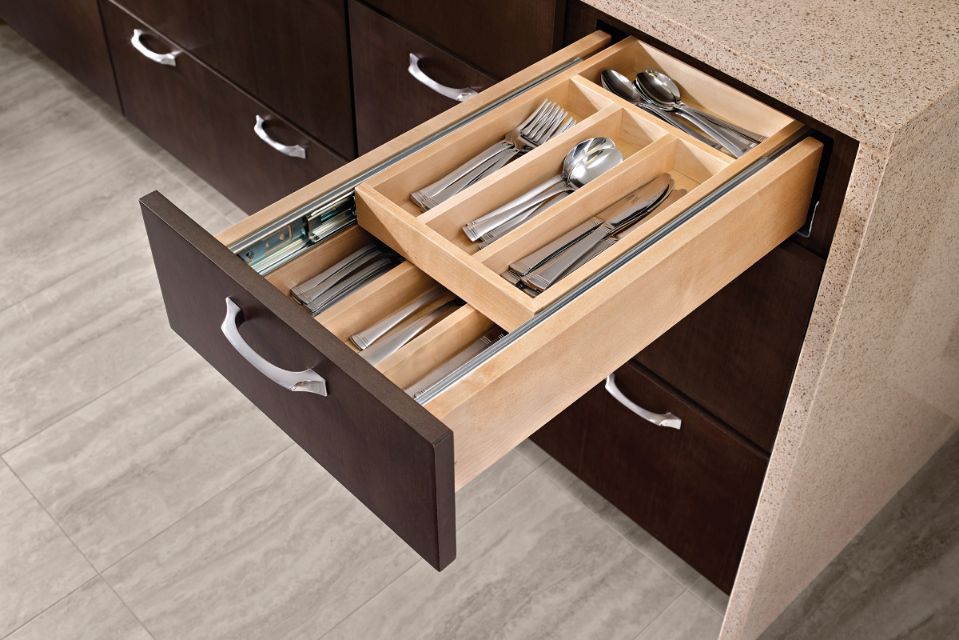 KraftMaid tiered wood drawer storage for kitchen cabinets
